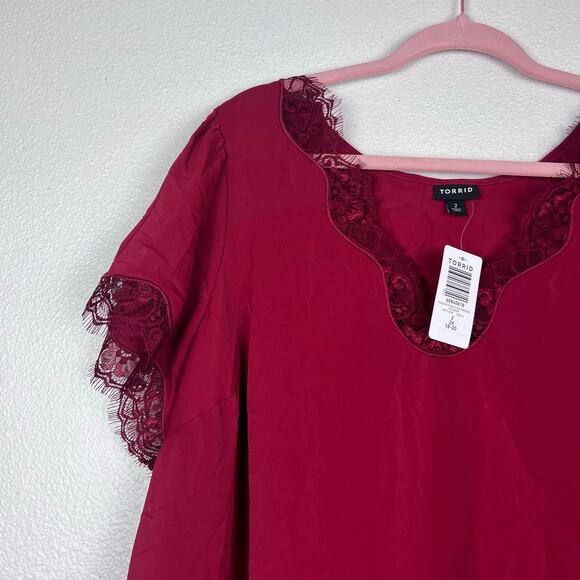 Torrid Studio Crepe De Chine Flutter Sleeve Blouse Red Lace Trim 2X NWT Holiday - Picture 6 of 10